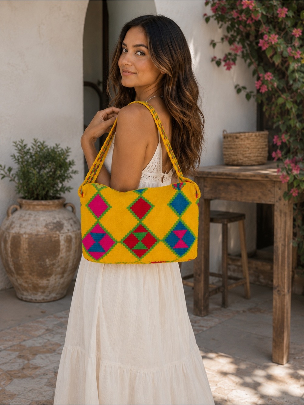 Boho Crochet Wayuu Style Crossbody Shoulder Bag Yellow Colorful Woven Tote